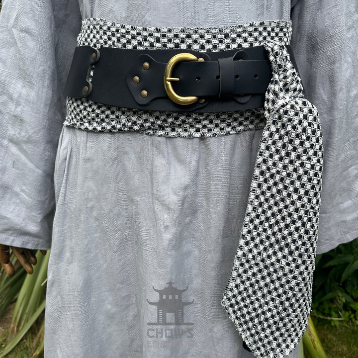 LARP Belt and Sash Set - Black and White Check Pattern - Buffalo Leather