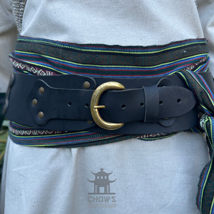 LARP Belt and Sash Set - Green Stripe Pattern - Buffalo Leather
