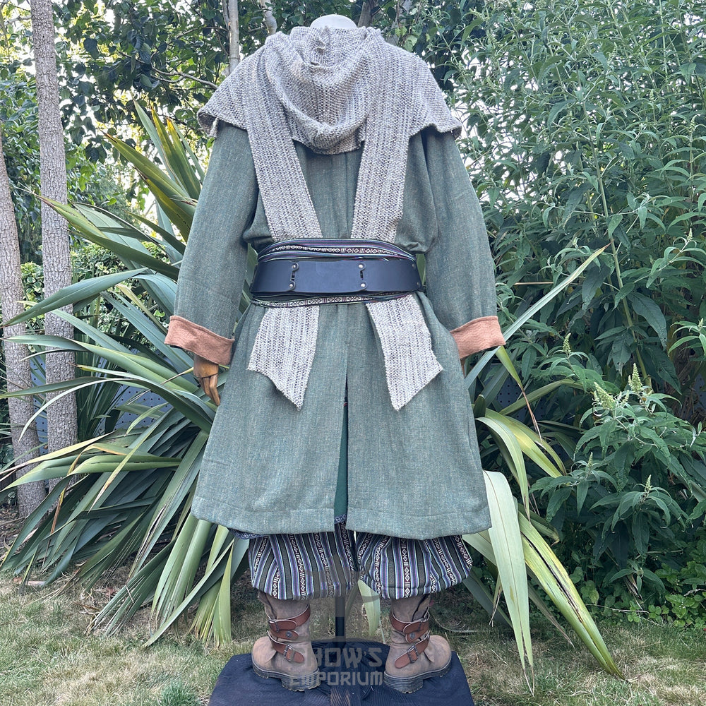 Medieval LARP costume back view featuring coat, tunic, hood, pants, belt, sash and necklace. For Renaissance Faire and historical roleplay events.