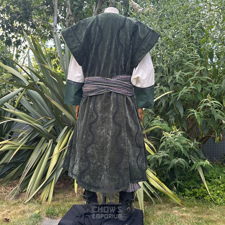 Medieval LARP costume back view featuring waistcoat, tunic, pants, belt and sash. For Renaissance Faire and historical roleplay events.