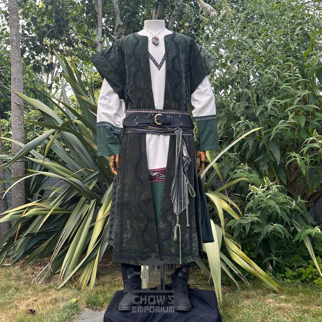 Medieval LARP costume front view featuring waistcoat, tunic, pants, belt and sash. For Renaissance Faire and historical roleplay events.