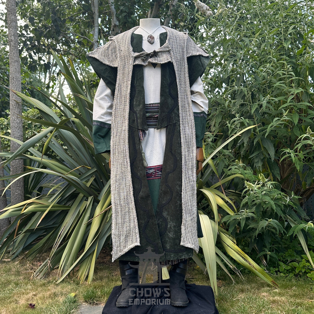 Forest Master Outfit - 9 Pieces (Waistcoat, Tunic, Hood, Vambraces, Hood, Trousers, Belt, Sash, Necklace)