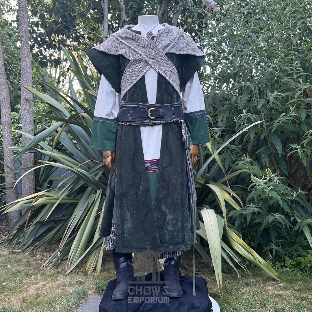 Forest Master Outfit - 9 Pieces (Waistcoat, Tunic, Hood, Vambraces, Hood, Trousers, Belt, Sash, Necklace)