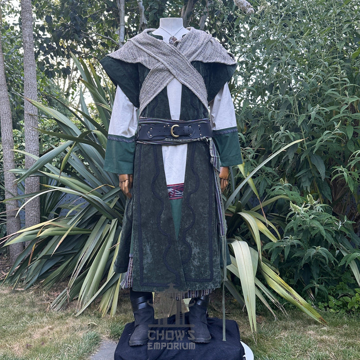 Forest Master Outfit - 9 Pieces (Waistcoat, Tunic, Hood, Vambraces, Hood, Trousers, Belt, Sash, Necklace)