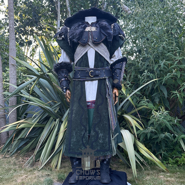 Medieval LARP costume front view featuring waistcoat, tunic, hood, vambraces, trousers, and accessories. For Renaissance Faire and historical roleplay events.