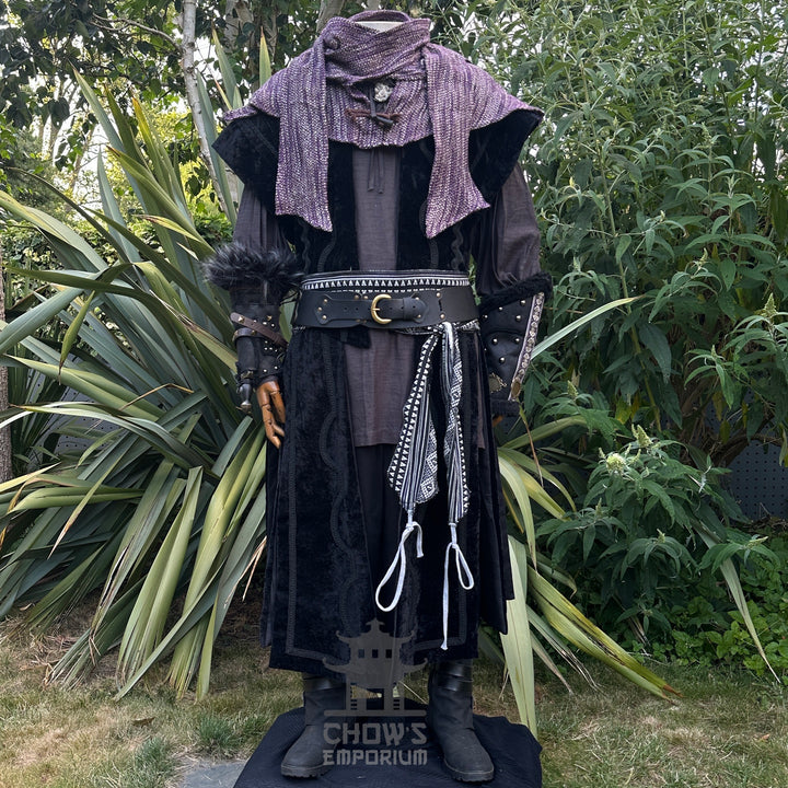 Medieval LARP costume front view featuring waistcoat, hood, vambraces, shirt, and sash. For Renaissance Faire and historical roleplay events.