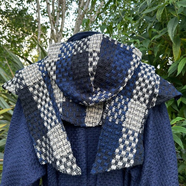 Blue & White Check Wool Scarf Hood