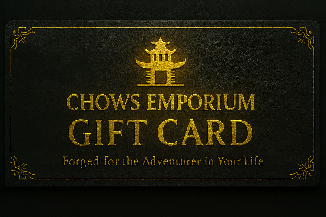 Chows Emporium gift card with gold text on a dark background