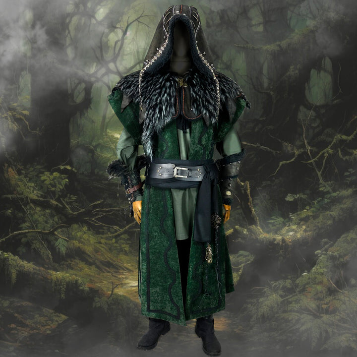 Front view of a medieval LARP costume, featuring a faux leather hood and vambraces, long green suede-effect waistcoat, shirt, pants, woolen sash and necklace. For Renaissance Faire and roleplay events.