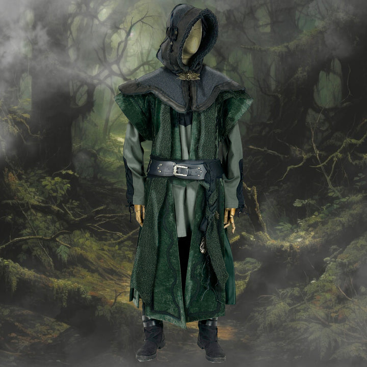Twilight Rogue LARP Outfit - 6 Pieces; Green Waistcoat, Layered Hood, Tunic, Pants, Sash and Necklace