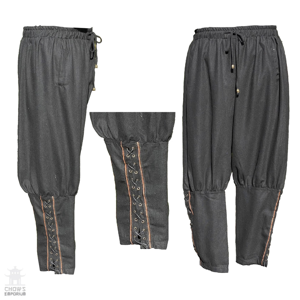 Medieval Viking Pants - Black Wool Mix Trousers with Braiding - Chows Emporium Ltd