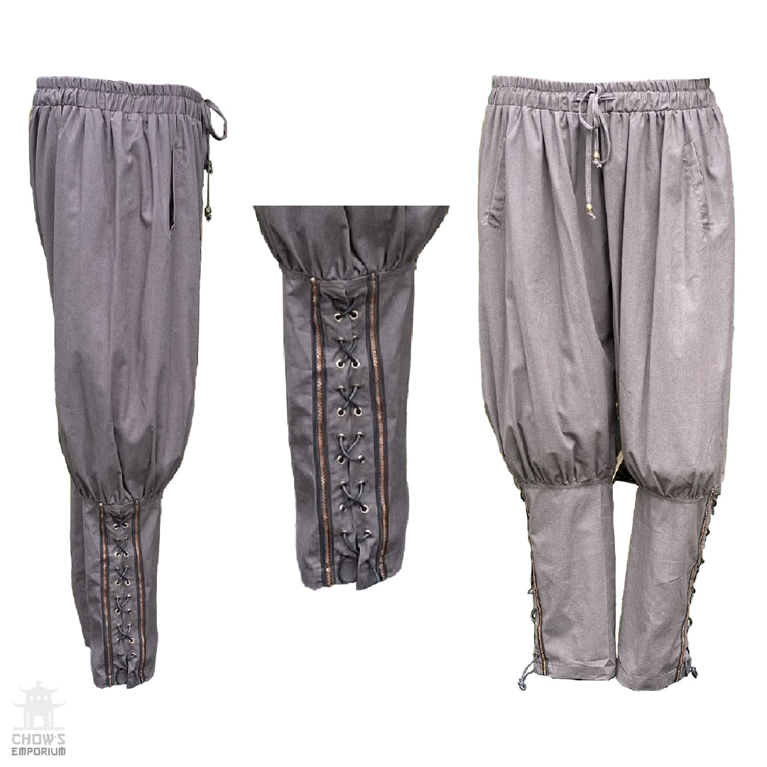 grey cotton trousers with viking braiding detail