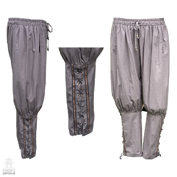 grey cotton trousers with viking braiding detail