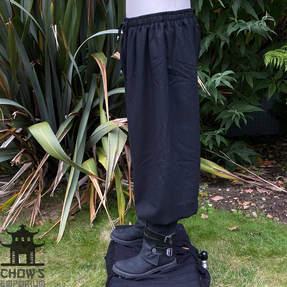 handmade black cotton hero pants with drawstring waist