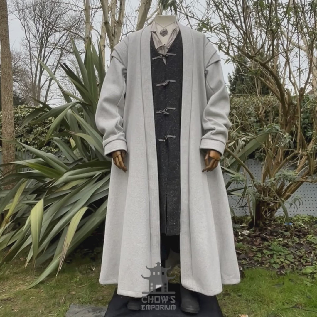 Video of light grey medieval LARP robe, authentic fantasy cosplay costume for wizards, paladins, or rangers.