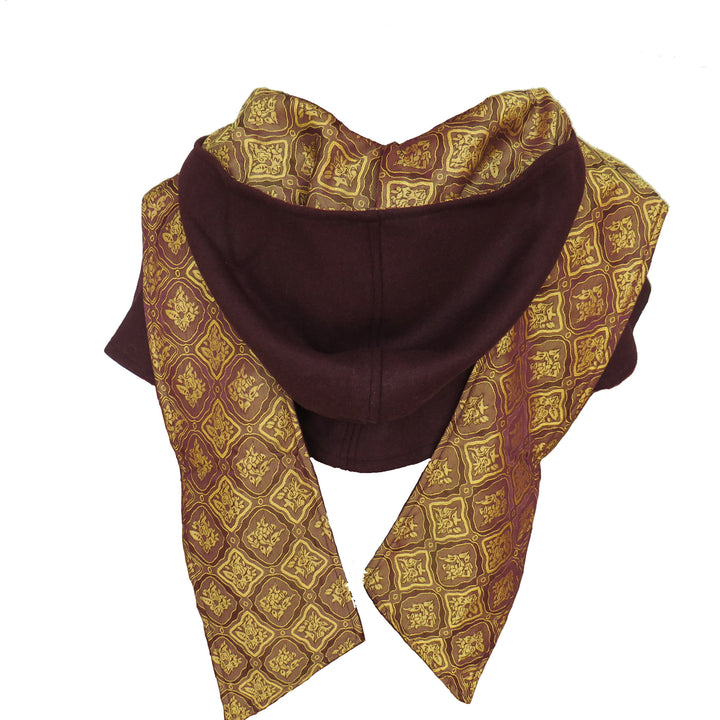 This LARP Hood is Red with a Wrap Around extention. This Viking Scarf Hood is made of Faux Suede Effect, and is Water Resistant and Warm. It has an interior Elaborate Gold Satin Pattern, perfect for your LARP Character and LARP Costume, Cosplay Event, and Ren Faire.