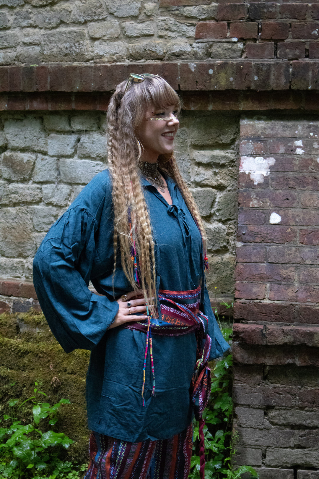cotton-linen teal medieval shirt for fantasy costume