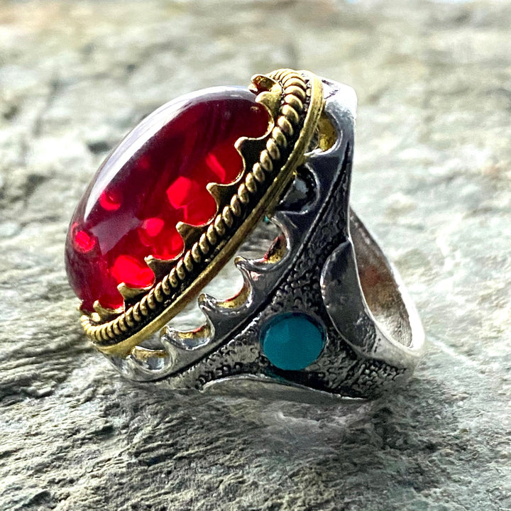 Gemstone Ring - Silver And Gold (Red) - Chows Emporium Ltd