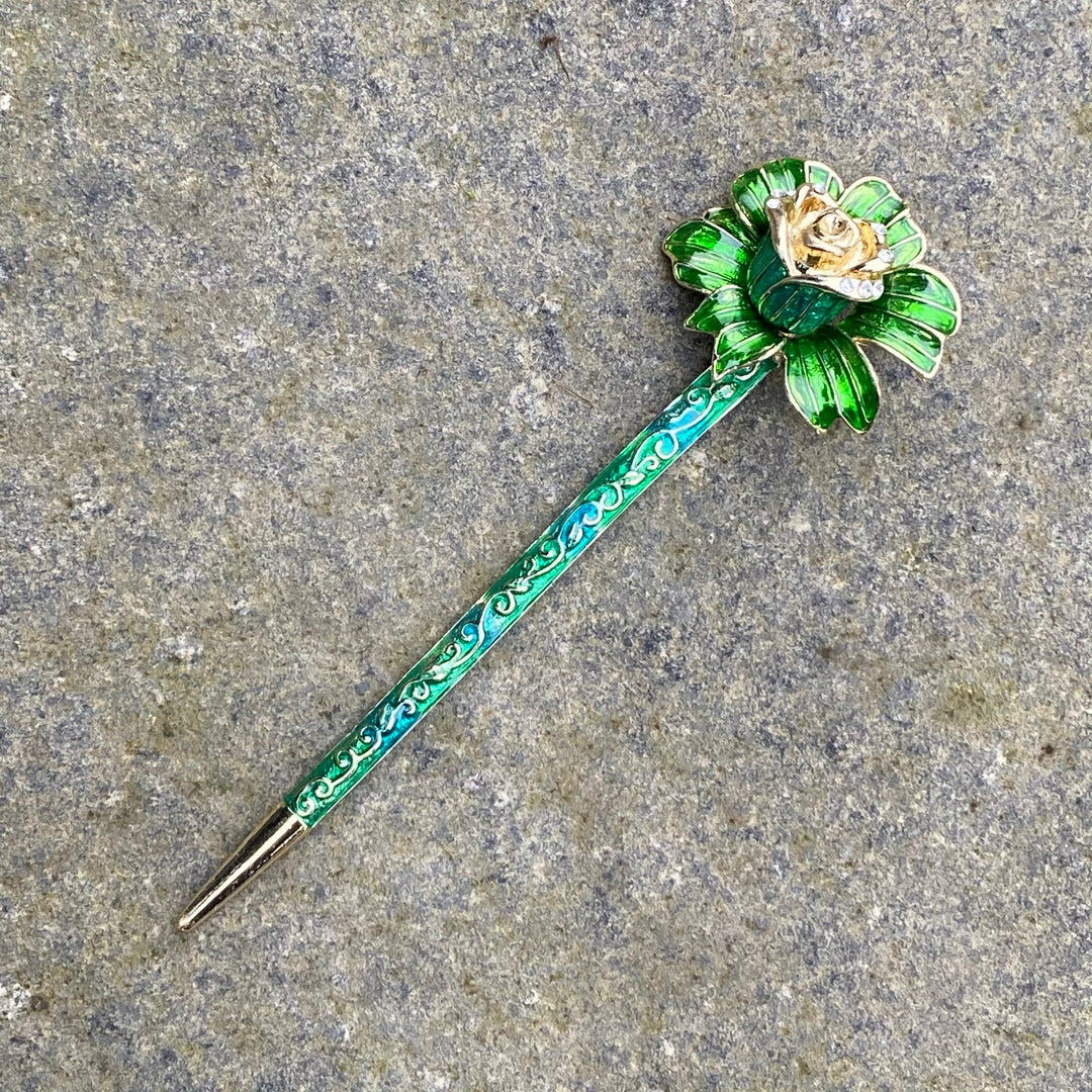 Hairpin, Floral Rose (Green and Gold) - Chows Emporium Ltd