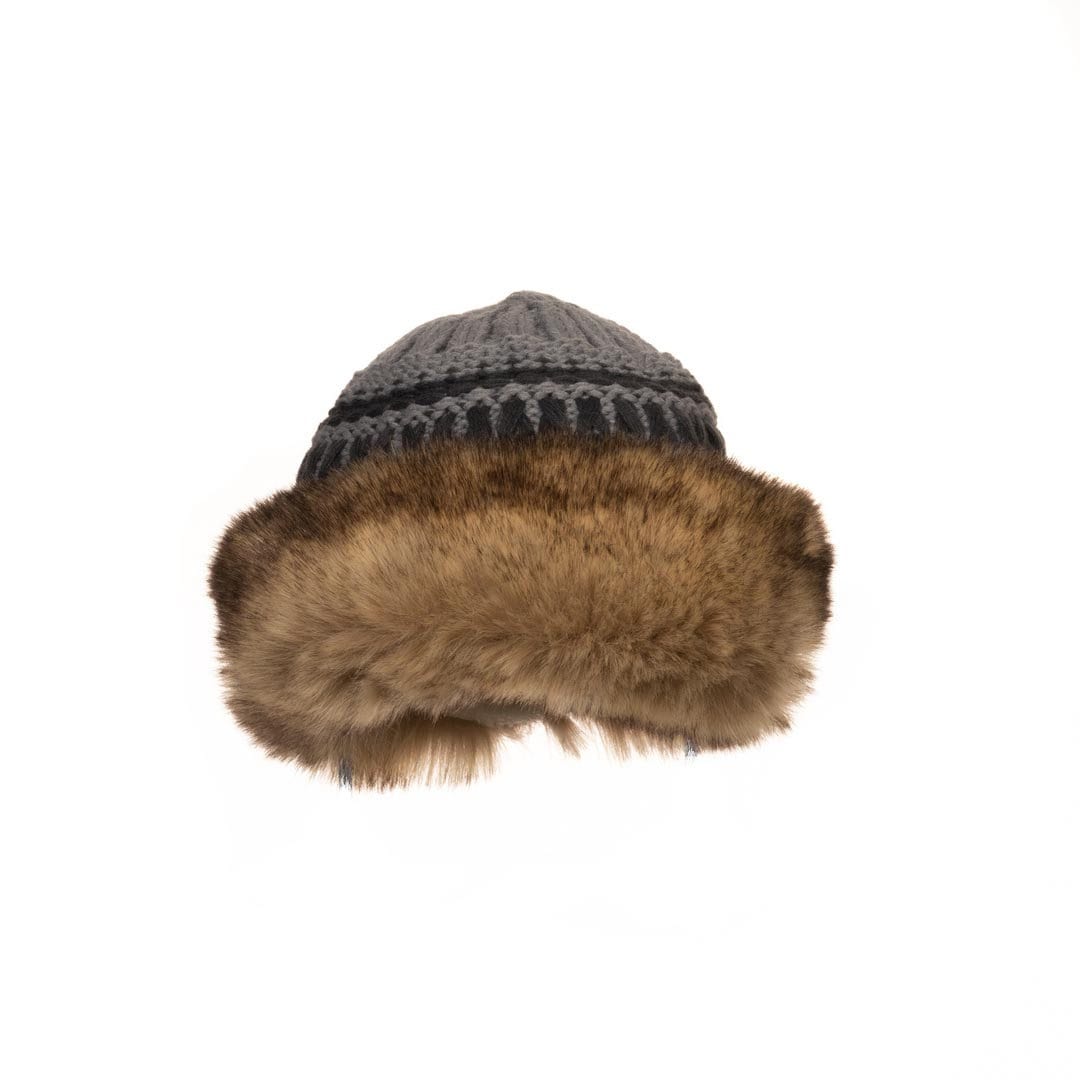 A LARP Hat in Grey Knitted Wool. This LARP Headpiece has Faux Fur Trim and Fleece Lining. It is Warm and Water Resistant. This is perfect for your LARP Character and LARP Costume, Cosplay Events and Cosplay Costume, and Ren Faires.