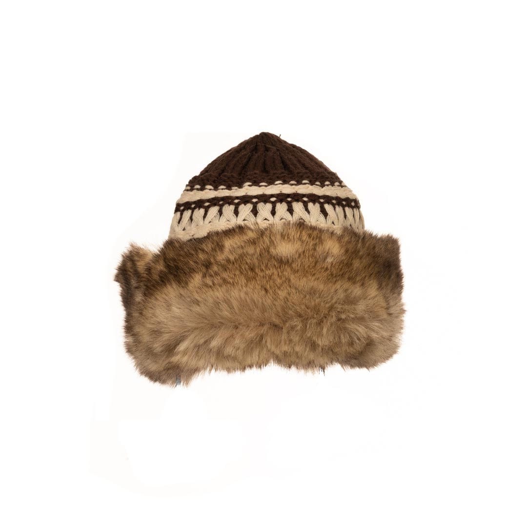 A LARP Hat in Brown Knitted Wool. This LARP Headpiece has Faux Fur Trim and Fleece Lining. It is Warm and Water Resistant. This is perfect for your LARP Character and LARP Costume, Cosplay Events and Cosplay Costume, and Ren Faires.