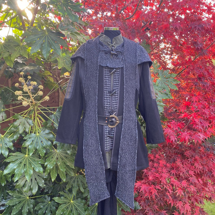 Ocean Druid LARP Outfit - 2 Pieces; Ornate wool Tunic,  Black & grey, Wraparound Scarf Hood - Chows Emporium Ltd