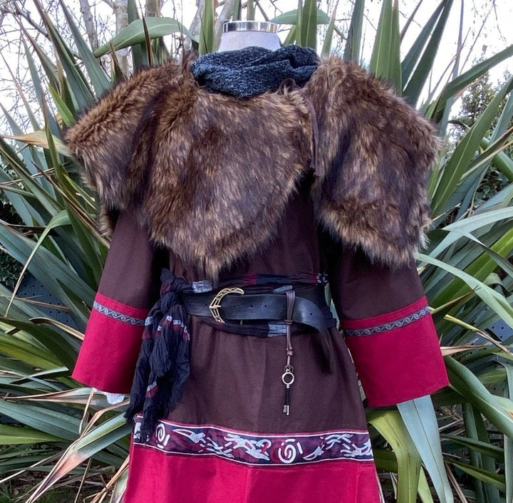 LARP Basic Outfit - 3 Pieces: Brown & Red Tunic, Faux Fur Mantle and Hood - Chows Emporium Ltd