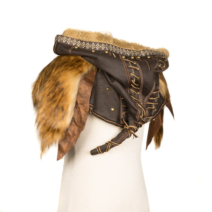 This Ornate LARP Hood and Leather Vambrace comes as a set. The LARP Hood comes in Brown Faux Leather with Brown Faux Fur Trim, with Fleece Lining. The LARP Armor Leather Vambraces are Brown Faux Leather and has Brown Faux Fur. Perfect for your LARP Character and LARP Costume, Cosplay Event, and Ren Faire.