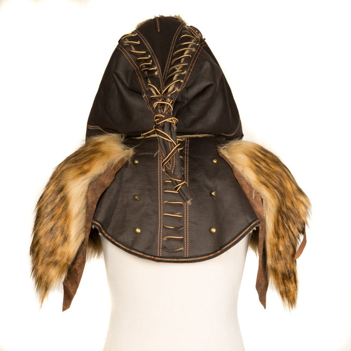 This Ornate LARP Hood and Leather Vambrace comes as a set. The LARP Hood comes in Brown Faux Leather with Brown Faux Fur Trim, with Fleece Lining. The LARP Armor Leather Vambraces are Brown Faux Leather and has Brown Faux Fur. Perfect for your LARP Character and LARP Costume, Cosplay Event, and Ren Faire.