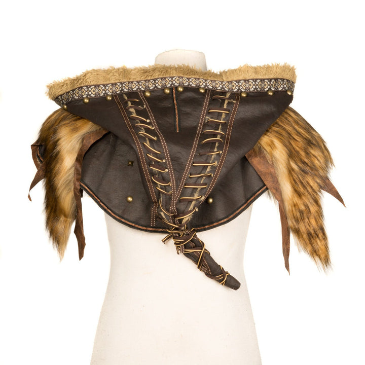 This Ornate LARP Hood and Leather Vambrace comes as a set. The LARP Hood comes in Brown Faux Leather with Brown Faux Fur Trim, with Fleece Lining. The LARP Armor Leather Vambraces are Brown Faux Leather and has Brown Faux Fur. Perfect for your LARP Character and LARP Costume, Cosplay Event, and Ren Faire.