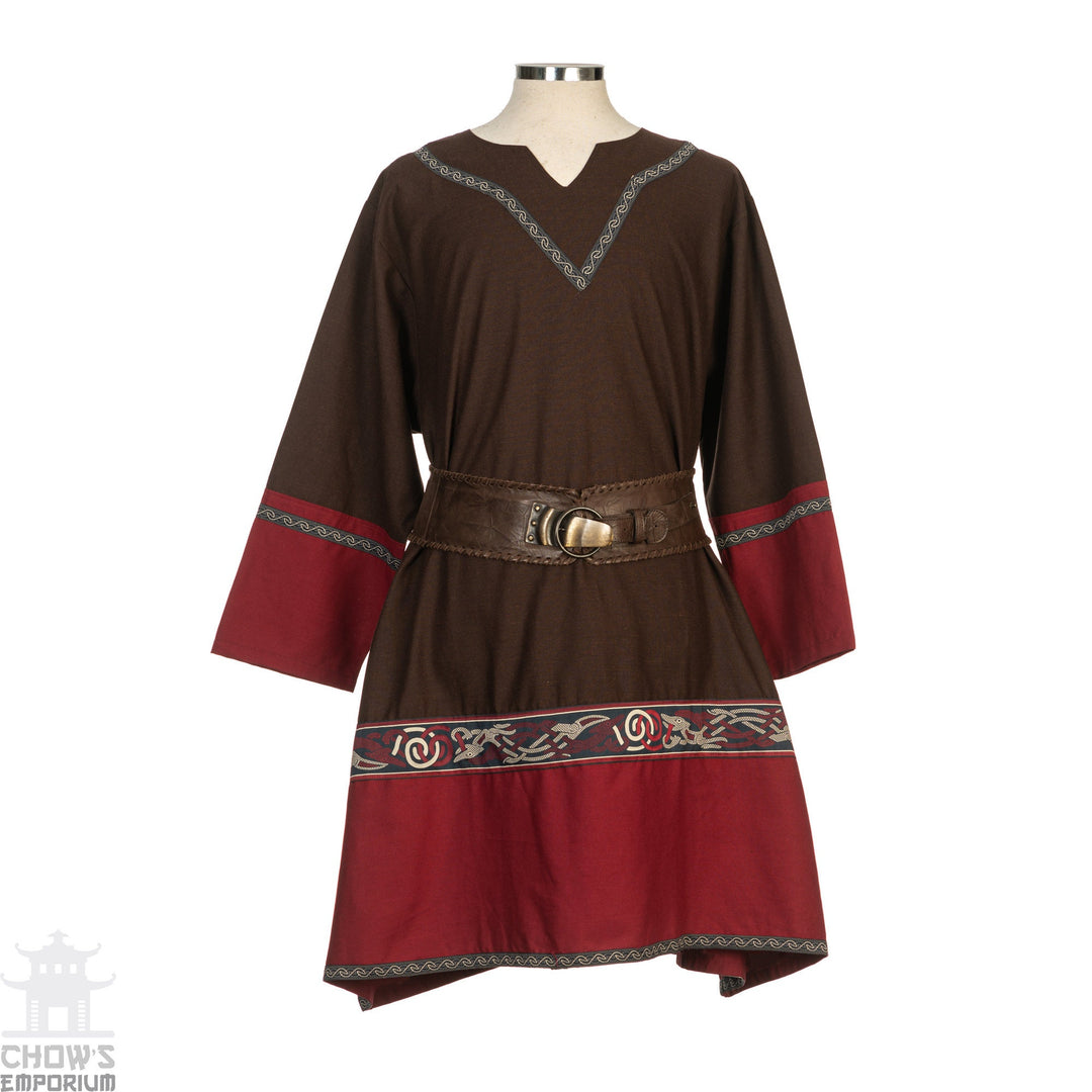 Noble Bard LARP Outfit - 3 Pieces; Brown & Red Viking Tunic, Wrap Around Hood, Sash - Chows Emporium Ltd