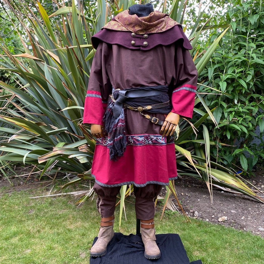 Noble Bard LARP Outfit - 3 Pieces; Brown & Red Viking Tunic, Wrap Around Hood, Sash - Chows Emporium Ltd