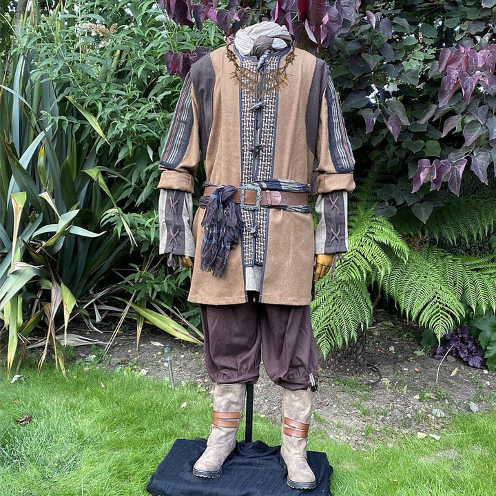 Druid of Middle Earth LARP Outfit - 4 pieces, Ornate Brown Layered Jacket, Shirt, Pants, Necklace - Chows Emporium Ltd