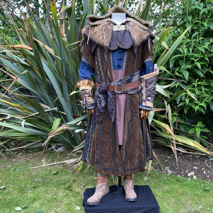 Dwarf Lord LARP Outfit -  5 Pieces; Brown Panel Waistcoat, Brown & Blue Tunic, Hood, Sash, Pants - Chows Emporium Ltd