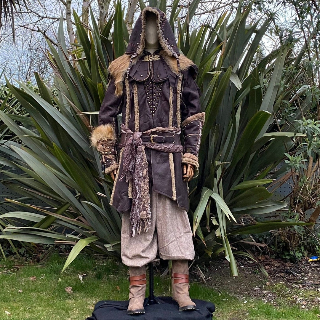 Battle Champion LARP Outfit - 5 Pieces; Brown Faux Leather Fleece Lined Jacket, Hood, Vambraces, Shirt, Pants - Chows Emporium Ltd