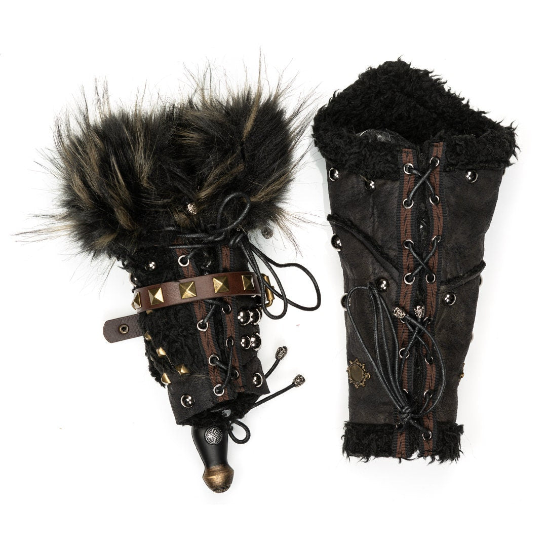 This Ornate LARP Hood and Leather Vambrace comes as a set. The LARP Hood comes in Black Faux Leather with Black & Grey Faux Fur Trim, with Fleece Lining. The LARP Armor Leather Vambraces are Black Faux Leather and has Black & Grey Faux Fur. Perfect for your LARP Character and LARP Costume, Cosplay Event, and Ren Faire.