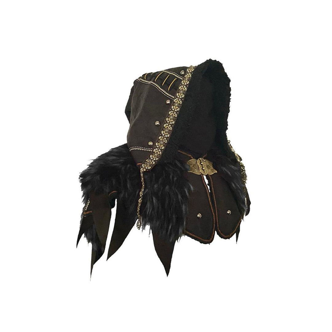 This Ornate LARP Hood and Leather Vambrace comes as a set. The LARP Hood comes in Black Faux Leather with Black & Grey Faux Fur Trim, with Fleece Lining. The LARP Armor Leather Vambraces are Black Faux Leather and has Black & Grey Faux Fur. Perfect for your LARP Character and LARP Costume, Cosplay Event, and Ren Faire.