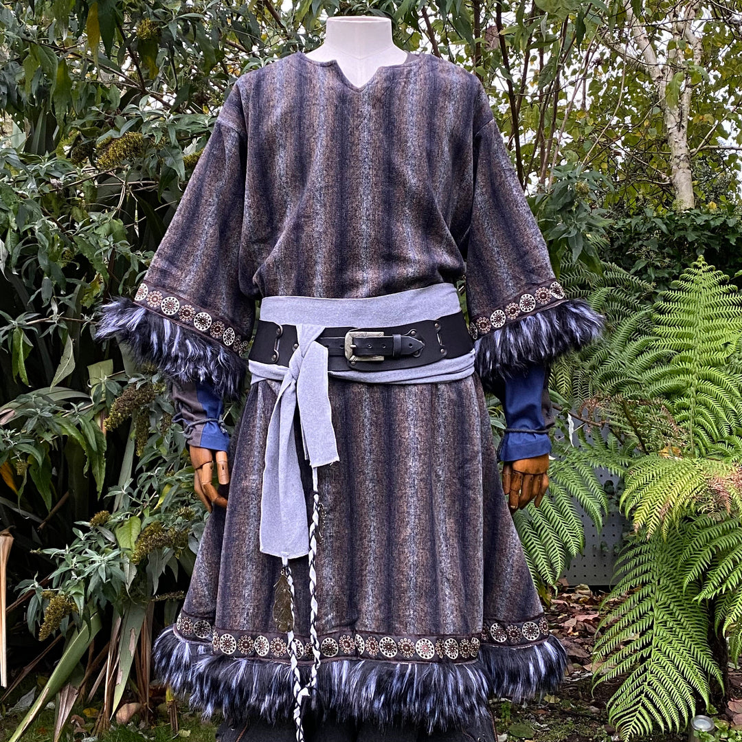 LARP Viking Tunic with Fur trim - Blue & Grey - Mohair Wool Mix - Chows Emporium Ltd