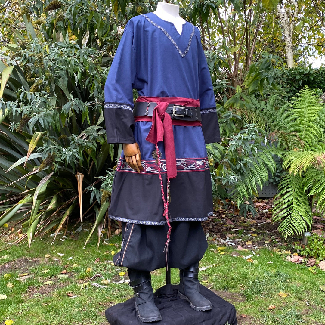 LARP Basic Outfit - 3 Pieces: Blue & Black Two Tone Tunic, Pants and Red Sash - Chows Emporium Ltd