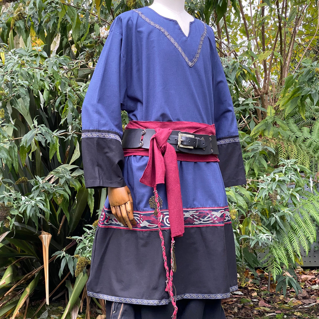 LARP Basic Outfit - 3 Pieces: Blue & Black Two Tone Tunic, Pants and Red Sash - Chows Emporium Ltd