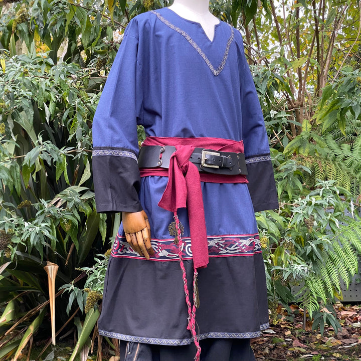 LARP Basic Outfit - 3 Pieces: Blue & Black Two Tone Tunic, Pants and Red Sash - Chows Emporium Ltd