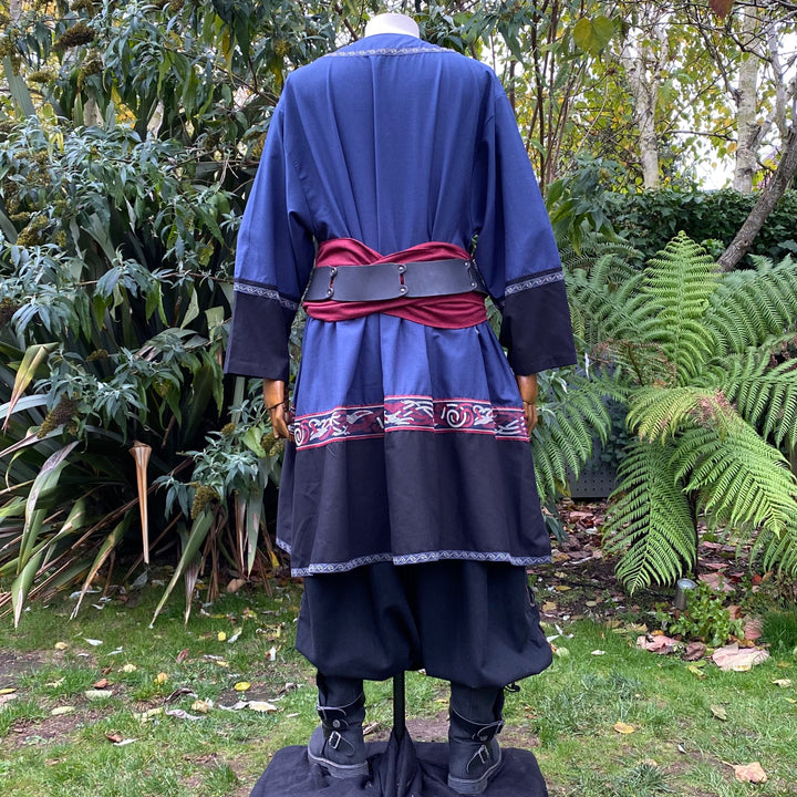 LARP Basic Outfit - 3 Pieces: Blue & Black Two Tone Tunic, Pants and Red Sash - Chows Emporium Ltd