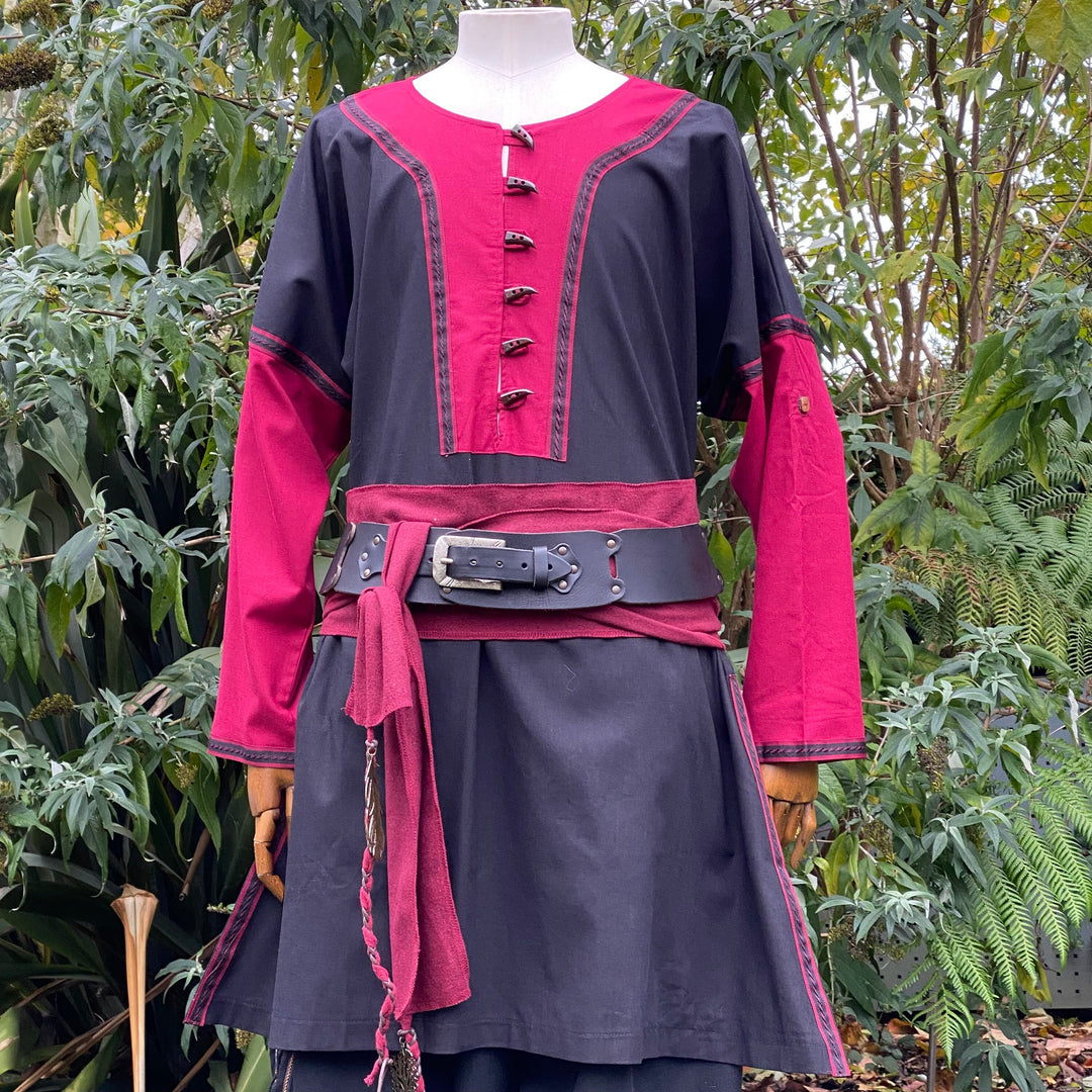 LARP Viking Tunic with Buttons - Two Tone Black & Red - Linen Cotton Mixture - Chows Emporium Ltd