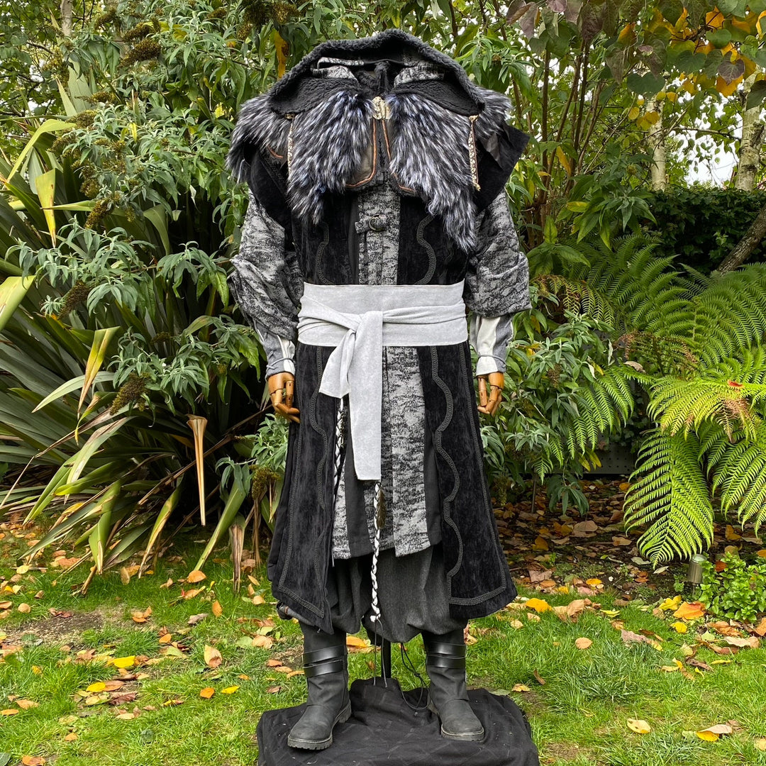 Dark King LARP Outfit - 4 Pieces; Black Panel Waistcoat, Robe, Ornate Hood, Sash - Chows Emporium Ltd