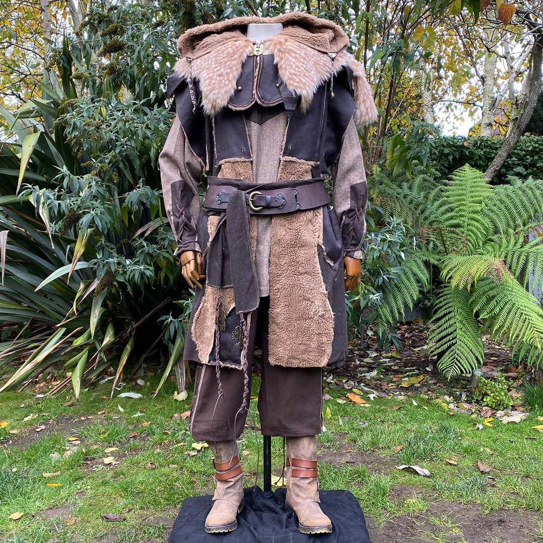 Ranger of Middle Earth LARP Outfit - 3 Pieces; Faux Leather Fleece Lined Waistcoat, Hood, Sash - Chows Emporium Ltd