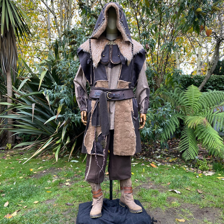 Ranger of Middle Earth LARP Outfit - 3 Pieces; Faux Leather Fleece Lined Waistcoat, Hood, Sash - Chows Emporium Ltd