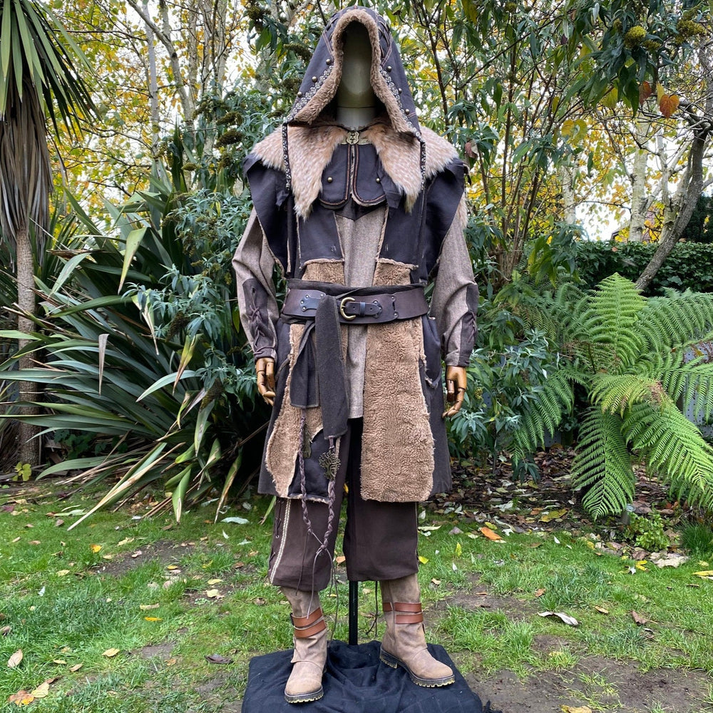 Barbarian Berserker LARP Outfit - 5 Piece; Faux Leather Hood & Waistcoat, Shirt, Pants and Sash - Chows Emporium Ltd