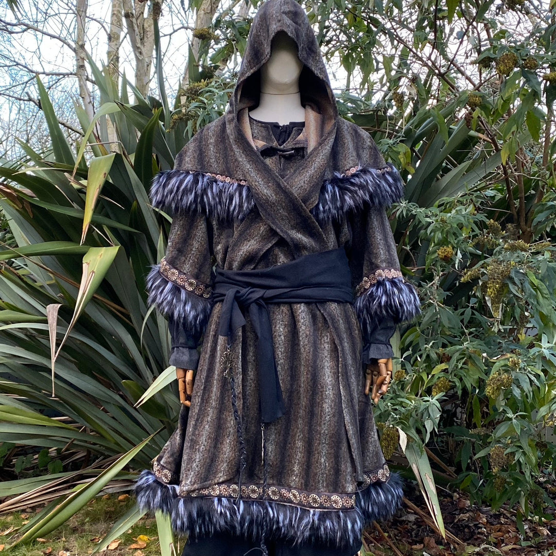 This LARP Hood in Brown & Black Moahir Wool has Faux Fur Trimming in Black & Grey with Braiding. This Viking Hood is Water Resistant towards rain. The Medieval Hood covers your shoulders and provides warmth. Perfect for your LARP Character and LARP Costume, Cosplay Event, and Ren Faire.