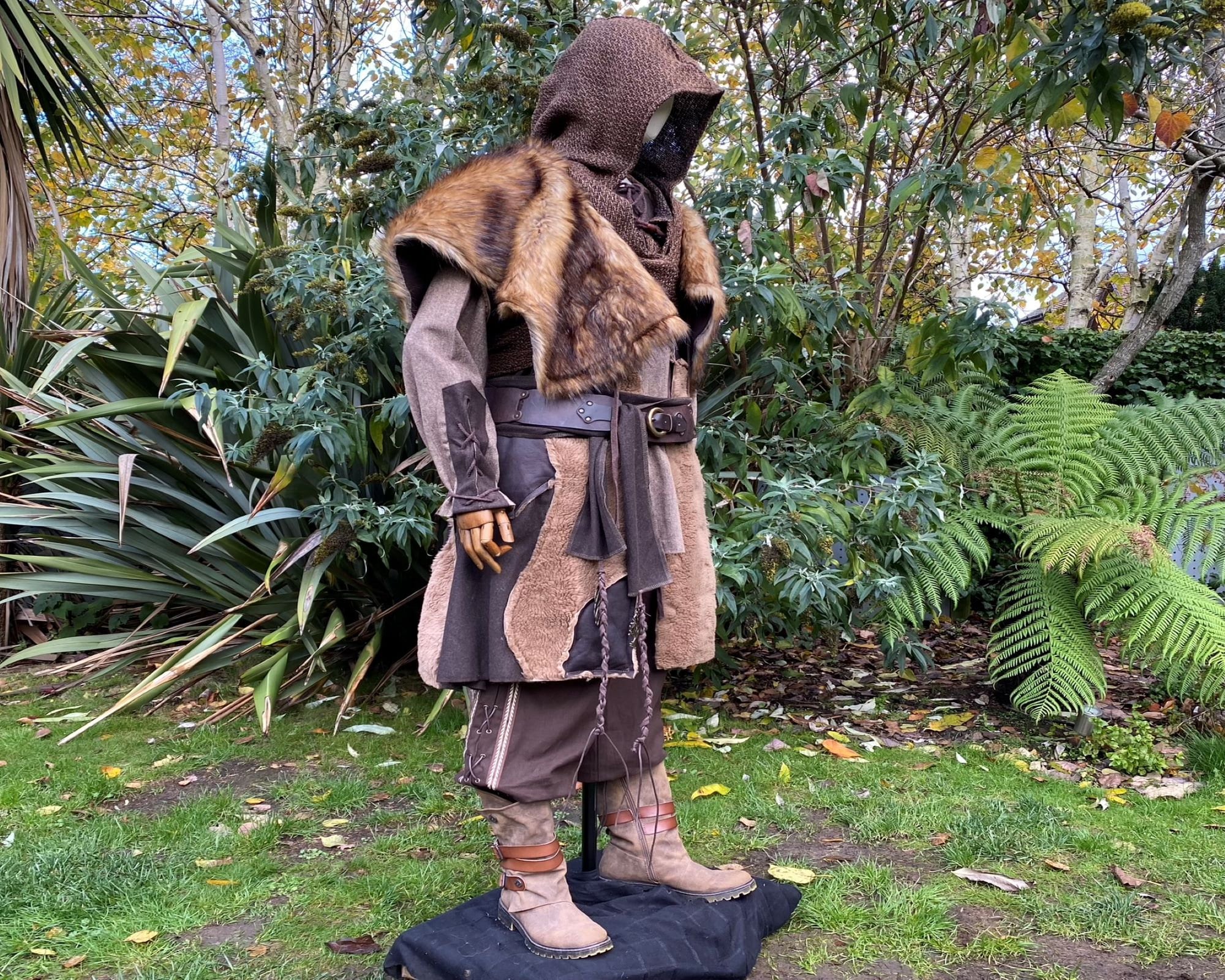 Barbarian Warrior LARP Outfit Brown 3 Piece Set; Waistcoat, Hood, Ma