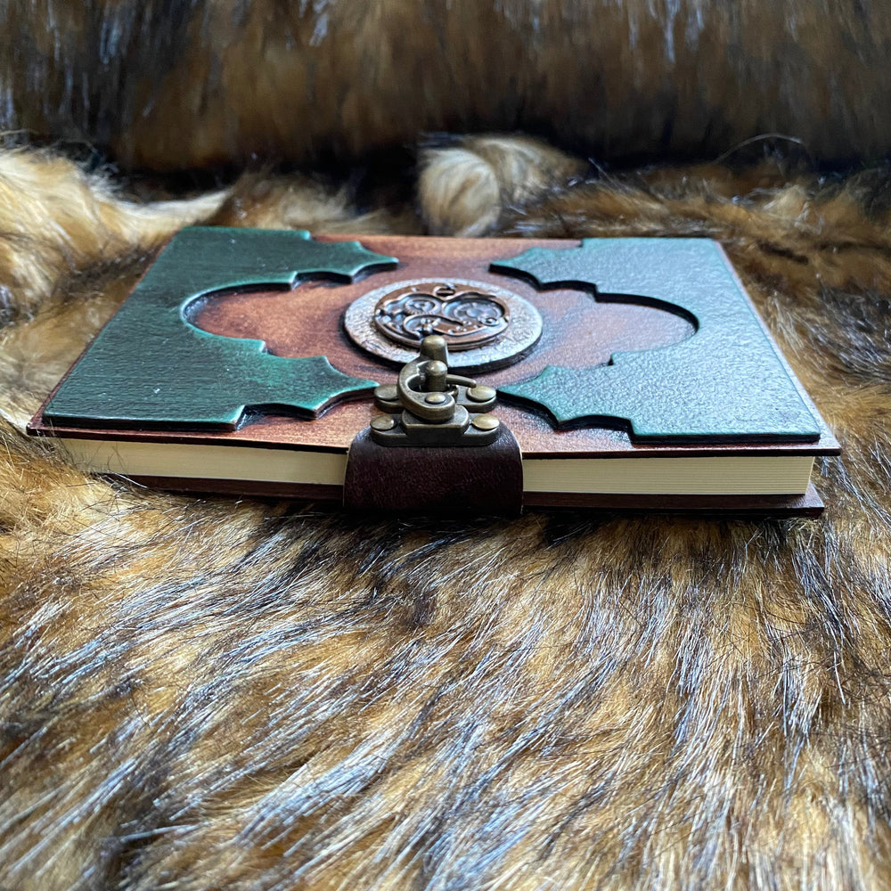 Leather Bound Journal with Metal Clasp and Steampunk Symbol - Green & Brown A5 Note Book - Chows Emporium Ltd